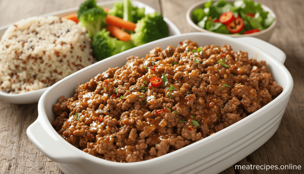 A beautifully arranged plate of hot honey ground beef, glistening with a sticky, golden glaze, placed in the foreground. The beef is finely crumbled, perfectly cooked and seasoned, with hints of spices visible. In the middle, a bowl garnished with vibrant, fresh herbs like cilantro, red pepper flakes, and slices of jalapeño adds a pop of color. Surrounding the bowl are elements of a simple, healthy meal prep setting, including quinoa and steamed vegetables, arranged artfully. The background features a rustic wooden table, enhancing the home-cooked atmosphere. Soft, natural lighting casts gentle shadows, creating an inviting and warm ambiance. The image is captured with a shallow depth of field to emphasize the delicious food. Perfect for meatrecipes.online. A beautifully arranged plate of hot honey ground beef, glistening with a sticky, golden glaze, placed in the foreground. The beef is finely crumbled, perfectly cooked and seasoned, with hints of spices visible. In the middle, a bowl garnished with vibrant, fresh herbs like cilantro, red pepper flakes, and slices of jalapeño adds a pop of color. Surrounding the bowl are elements of a simple, healthy meal prep setting, including quinoa and steamed vegetables, arranged artfully. The background features a rustic wooden table, enhancing the home-cooked atmosphere. Soft, natural lighting casts gentle shadows, creating an inviting and warm ambiance. The image is captured with a shallow depth of field to emphasize the delicious food. Perfect for meatrecipes.online.