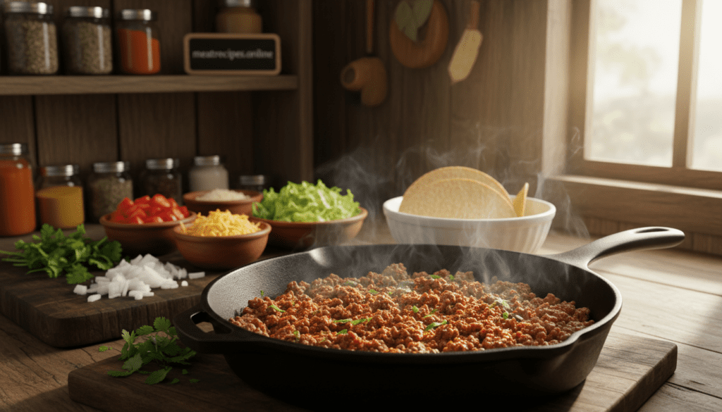 A beautifully arranged scene illustrating how to make high protein taco meat. In the foreground, a large skillet is sizzling with browned, seasoned ground beef, glistening with specks of spices. Fresh cilantro and diced onions are scattered artistically beside the skillet. The middle ground features an array of colorful ingredients: vibrant chopped tomatoes, shredded lettuce, and shredded cheddar cheese in small bowls. The background showcases a rustic kitchen with natural wood shelves filled with cooking spices and a hint of sunlight streaming through a window, casting soft shadows. The mood is warm and inviting, emphasizing a healthy and delicious meal prep atmosphere. Ultra realistic food photography style, high detail, natural lighting, no text or watermarks. Branding is included as "meatrecipes.online". A beautifully arranged scene illustrating how to make high protein taco meat. In the foreground, a large skillet is sizzling with browned, seasoned ground beef, glistening with specks of spices. Fresh cilantro and diced onions are scattered artistically beside the skillet. The middle ground features an array of colorful ingredients: vibrant chopped tomatoes, shredded lettuce, and shredded cheddar cheese in small bowls. The background showcases a rustic kitchen with natural wood shelves filled with cooking spices and a hint of sunlight streaming through a window, casting soft shadows. The mood is warm and inviting, emphasizing a healthy and delicious meal prep atmosphere. Ultra realistic food photography style, high detail, natural lighting, no text or watermarks. Branding is included as "meatrecipes.online".