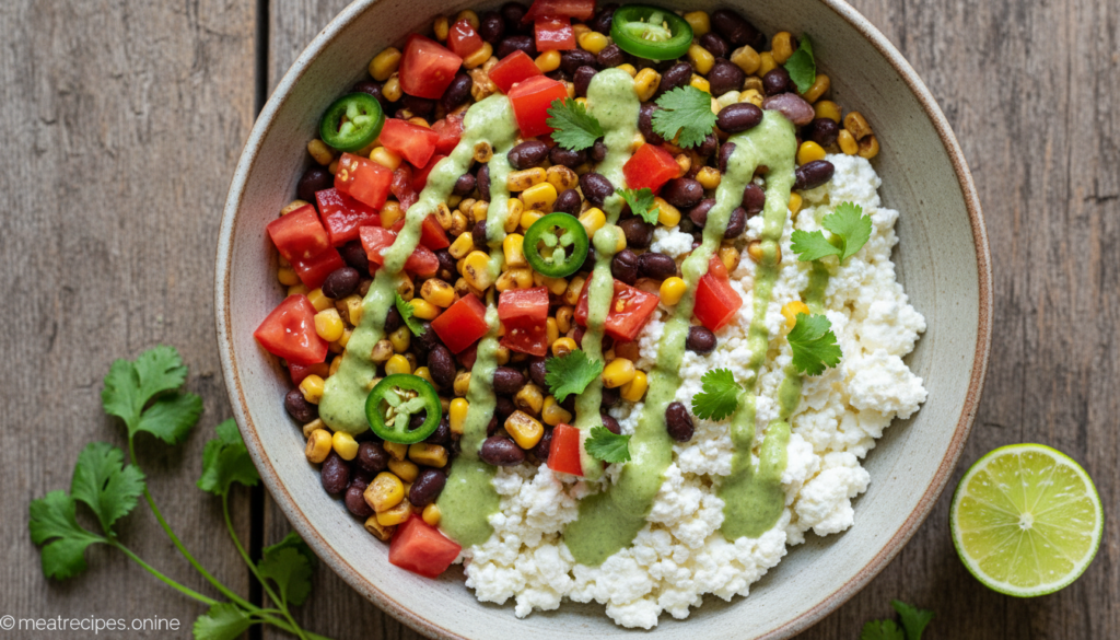 A beautifully arranged spicy southwest cottage cheese bowl featuring a generous scoop of creamy cottage cheese topped with vibrant diced tomatoes, black beans, corn, and finely chopped cilantro. Drizzle a zesty lime dressing over the ingredients, adding jalapeños for an extra kick. The bowl should be placed on a rustic wooden table, surrounded by fresh herbs and a slice of lime to enhance the visual appeal. Natural lighting fills the scene, creating soft shadows and highlighting the textures of the ingredients. The image should be shot from a top-down angle to showcase the colorful layers and freshness of the ingredients. The atmosphere is inviting and vibrant, perfect for food enthusiasts who love to explore flavor variations in healthy meals. Ultra realistic food photography style, no text, no watermark, credit: meatrecipes.online. A beautifully arranged spicy southwest cottage cheese bowl featuring a generous scoop of creamy cottage cheese topped with vibrant diced tomatoes, black beans, corn, and finely chopped cilantro. Drizzle a zesty lime dressing over the ingredients, adding jalapeños for an extra kick. The bowl should be placed on a rustic wooden table, surrounded by fresh herbs and a slice of lime to enhance the visual appeal. Natural lighting fills the scene, creating soft shadows and highlighting the textures of the ingredients. The image should be shot from a top-down angle to showcase the colorful layers and freshness of the ingredients. The atmosphere is inviting and vibrant, perfect for food enthusiasts who love to explore flavor variations in healthy meals. Ultra realistic food photography style, no text, no watermark, credit: meatrecipes.online.