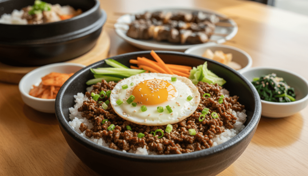 A beautifully styled Korean beef bowl, showcasing tender, savory ground beef seasoned with garlic and soy sauce, garnished with green onions and sesame seeds. The bowl is placed on a light wooden table, surrounded by vibrant bibimbap ingredients like sliced cucumbers, carrot strips, and a soft fried egg on top. In the background, there are hints of traditional Korean dishes, adding an authentic atmosphere. The lighting is warm and natural, enhancing the rich colors of the food. High detail, ultra-realistic food photography, captured from a slightly elevated angle to emphasize the textures and freshness of the ingredients. No text or watermarks. For a perfect visual representation of a delicious Korean ground beef bowl recipe, imagine this scene from meatrecipes.online. A beautifully styled Korean beef bowl, showcasing tender, savory ground beef seasoned with garlic and soy sauce, garnished with green onions and sesame seeds. The bowl is placed on a light wooden table, surrounded by vibrant bibimbap ingredients like sliced cucumbers, carrot strips, and a soft fried egg on top. In the background, there are hints of traditional Korean dishes, adding an authentic atmosphere. The lighting is warm and natural, enhancing the rich colors of the food. High detail, ultra-realistic food photography, captured from a slightly elevated angle to emphasize the textures and freshness of the ingredients. No text or watermarks. For a perfect visual representation of a delicious Korean ground beef bowl recipe, imagine this scene from meatrecipes.online.