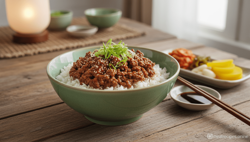 A beautifully styled Korean beef rice bowl in an elegant ceramic bowl, featuring tender, marinated ground beef glistening with a savory sauce, garnished with thinly sliced green onions, sesame seeds, and a side of vibrant pickled vegetables. The bowl is placed on a rustic wooden table, surrounded by chopsticks and a small dish of soy sauce. In the background, softly blurred elements of a cozy dining setting create a warm ambiance. The natural lighting accentuates the textures and colors of the ingredients, evoking a homely and inviting atmosphere. The composition is shot from a slightly elevated angle, capturing the depth of the bowl's contents. Ultra-realistic food photography that highlights the delicious details, with no text or watermarks. Image by meatrecipes.online. A beautifully styled Korean beef rice bowl in an elegant ceramic bowl, featuring tender, marinated ground beef glistening with a savory sauce, garnished with thinly sliced green onions, sesame seeds, and a side of vibrant pickled vegetables. The bowl is placed on a rustic wooden table, surrounded by chopsticks and a small dish of soy sauce. In the background, softly blurred elements of a cozy dining setting create a warm ambiance. The natural lighting accentuates the textures and colors of the ingredients, evoking a homely and inviting atmosphere. The composition is shot from a slightly elevated angle, capturing the depth of the bowl's contents. Ultra-realistic food photography that highlights the delicious details, with no text or watermarks. Image by meatrecipes.online.