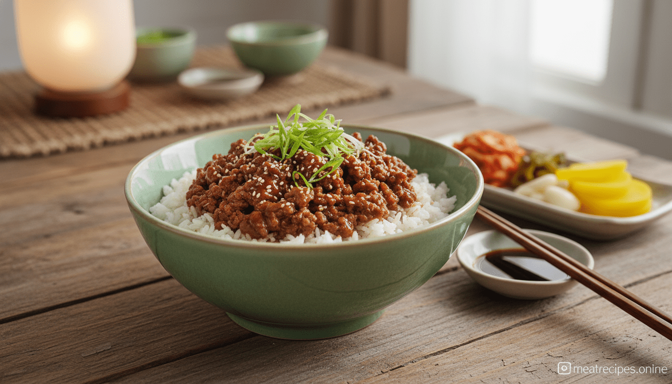 Korean beef rice bowl in an elegant ceramic bowl