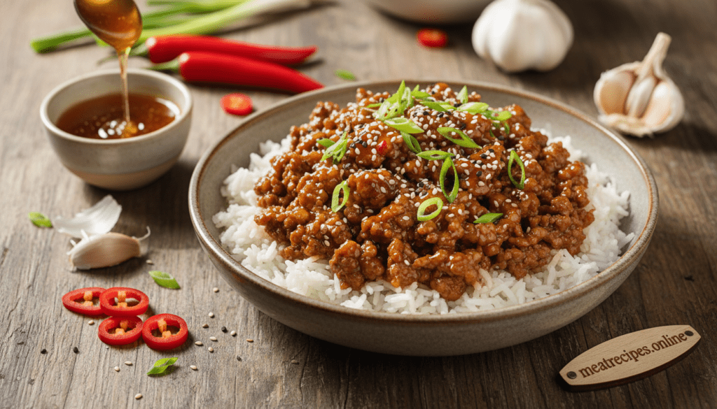 A beautifully styled hot honey ground beef bowl filled with tender ground beef glistening in a rich, sweet, and spicy honey glaze. The bowl is garnished with vibrant green scallions and sprinkled with sesame seeds, resting atop a bed of fluffy jasmine rice. Surrounding the bowl are fresh ingredients like sliced red chilies, garlic cloves, and a small dish of hot honey drizzling off a spoon. The background showcases a rustic wooden table, softly lit by natural sunlight pouring in from the left, creating gentle shadows that enhance the meal's textures. The focus is sharp on the bowl in the foreground, with a shallow depth of field blurring the background slightly. Ultra-realistic food photography with high detail, no text, no watermark, showcasing the brand meatrecipes.online. A beautifully styled hot honey ground beef bowl filled with tender ground beef glistening in a rich, sweet, and spicy honey glaze. The bowl is garnished with vibrant green scallions and sprinkled with sesame seeds, resting atop a bed of fluffy jasmine rice. Surrounding the bowl are fresh ingredients like sliced red chilies, garlic cloves, and a small dish of hot honey drizzling off a spoon. The background showcases a rustic wooden table, softly lit by natural sunlight pouring in from the left, creating gentle shadows that enhance the meal's textures. The focus is sharp on the bowl in the foreground, with a shallow depth of field blurring the background slightly. Ultra-realistic food photography with high detail, no text, no watermark, showcasing the brand meatrecipes.online.
