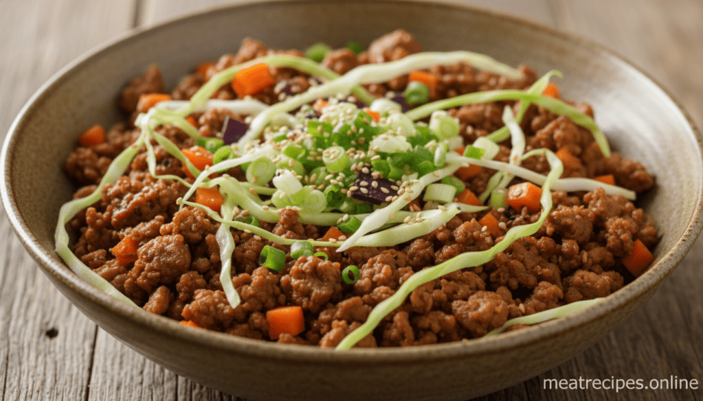 A close-up, ultra-realistic food photograph of a bowl filled with ground pork egg roll ingredients. The foreground features savory ground pork, vibrant shredded cabbage, and colorful diced carrots, arranged artistically. Soft, natural lighting highlights the textures and colors, creating an inviting atmosphere. In the middle, a scattering of freshly chopped green onions and sesame seeds adds contrast. The background is softly blurred, featuring a rustic wooden table that enhances the rustic vibe. The composition focuses on the delicious, hearty nature of the dish while exuding warmth and comfort, perfect for a hearty meal. The brand name "meatrecipes.online" subtly hints at its culinary roots. A close-up, ultra-realistic food photograph of a bowl filled with ground pork egg roll ingredients. The foreground features savory ground pork, vibrant shredded cabbage, and colorful diced carrots, arranged artistically. Soft, natural lighting highlights the textures and colors, creating an inviting atmosphere. In the middle, a scattering of freshly chopped green onions and sesame seeds adds contrast. The background is softly blurred, featuring a rustic wooden table that enhances the rustic vibe. The composition focuses on the delicious, hearty nature of the dish while exuding warmth and comfort, perfect for a hearty meal. The brand name "meatrecipes.online" subtly hints at its culinary roots.