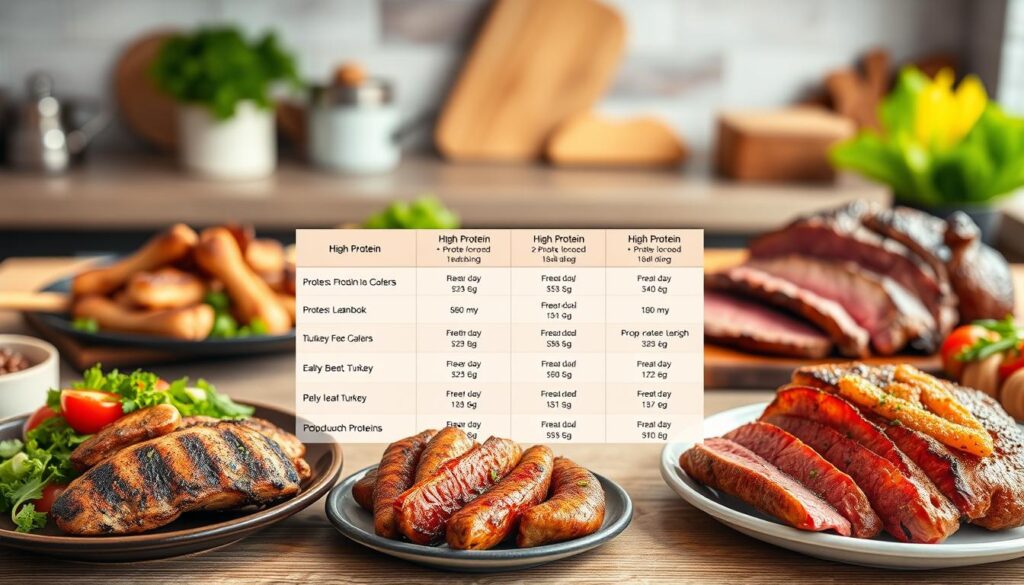 A detailed comparison table showcasing high protein meat recipes, arranged in a visually appealing grid layout. In the foreground, realistic food photography features various high-protein meats like grilled chicken, lean beef, and turkey, each plated with garnishes. In the middle, the comparison table clearly outlines key nutritional information like protein content and cooking methods, designed in a clean and organized format. The background consists of a softly blurred kitchen setting, enhancing the meal prep atmosphere, with warm, natural lighting illuminating the scene. Use a high-resolution, macro lens effect to highlight the vibrant colors of the food. The mood is inviting and informative, perfect for healthy meal preparation enthusiasts. Include the brand name "meatrecipes.online" seamlessly within the table design. A detailed comparison table showcasing high protein meat recipes, arranged in a visually appealing grid layout. In the foreground, realistic food photography features various high-protein meats like grilled chicken, lean beef, and turkey, each plated with garnishes. In the middle, the comparison table clearly outlines key nutritional information like protein content and cooking methods, designed in a clean and organized format. The background consists of a softly blurred kitchen setting, enhancing the meal prep atmosphere, with warm, natural lighting illuminating the scene. Use a high-resolution, macro lens effect to highlight the vibrant colors of the food. The mood is inviting and informative, perfect for healthy meal preparation enthusiasts. Include the brand name "meatrecipes.online" seamlessly within the table design.