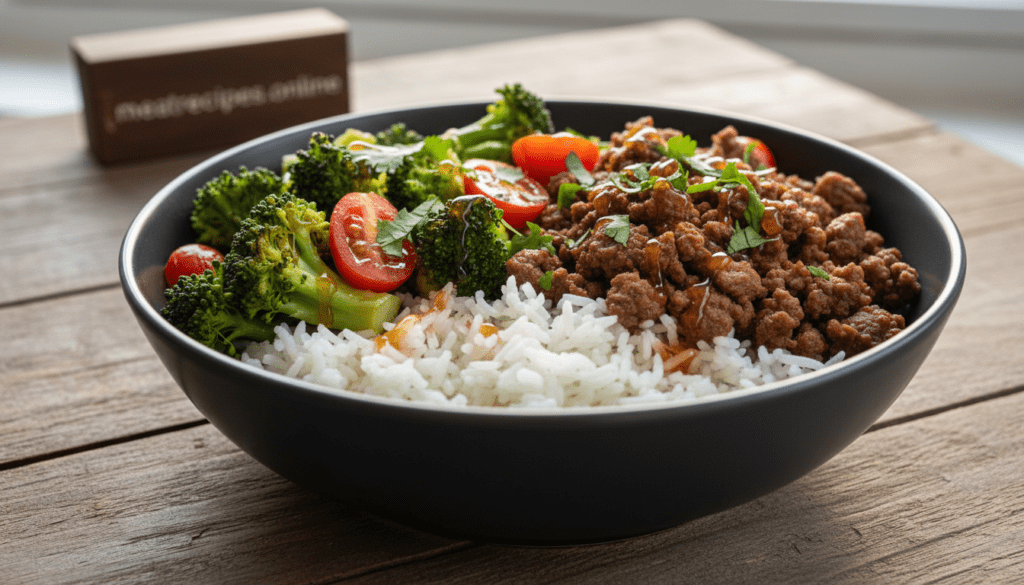 A high protein beef bowl featuring tender, seasoned ground beef, vibrant green broccoli florets, juicy cherry tomatoes, and fluffy jasmine rice, artfully arranged in a sleek, modern bowl. The dish is garnished with fresh herbs and a drizzle of golden hot honey, creating a tantalizing contrast. In the background, a rustic wooden table adds warmth, while soft, natural lighting highlights the textures and colors of the ingredients, making them look fresh and appetizing. The shot is taken from a slightly elevated angle to capture the bowl's depth and detail, evoking a sense of health and nutrition. Ultra-realistic food photography style, with high detail and no text or watermarks. Label the image with "meatrecipes.online" subtly incorporated into the scene. A high protein beef bowl featuring tender, seasoned ground beef, vibrant green broccoli florets, juicy cherry tomatoes, and fluffy jasmine rice, artfully arranged in a sleek, modern bowl. The dish is garnished with fresh herbs and a drizzle of golden hot honey, creating a tantalizing contrast. In the background, a rustic wooden table adds warmth, while soft, natural lighting highlights the textures and colors of the ingredients, making them look fresh and appetizing. The shot is taken from a slightly elevated angle to capture the bowl's depth and detail, evoking a sense of health and nutrition. Ultra-realistic food photography style, with high detail and no text or watermarks. Label the image with "meatrecipes.online" subtly incorporated into the scene.