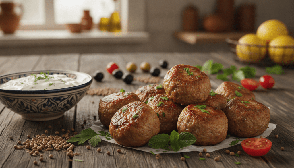 A tempting close-up of Mediterranean-style ground lamb meatballs on a rustic wooden table. In the foreground, showcase perfectly shaped meatballs with a golden-brown crust, garnished with fresh herbs like parsley and mint. Add a side of vibrant dipping sauce, such as tzatziki, in an elegant bowl. In the middle, include a scattering of whole spices like cumin and coriander, along with sliced olives and cherry tomatoes, to accentuate the Mediterranean theme. The background features a softly blurred kitchen setting, illuminated by warm, natural light that creates an inviting atmosphere. Shot with a shallow depth of field to emphasize the meatballs’ juicy texture, creating a mouthwatering appeal. Ideal for Meatrecipes.online, showcasing the vibrant colors and freshness of the ingredients.