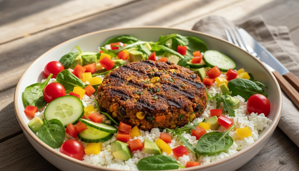 A vibrant and ultra-realistic food photography composition featuring a fresh vegetable burger bowl. In the foreground, showcase a generous serving of cottage cheese topped with colorful diced bell peppers, cherry tomatoes, crisp cucumber slices, and avocado, interspersed with bright greens such as spinach and arugula. The middle layer should include a delicious homemade veggie patty, beautifully grilled and placed centrally. In the background, a rustic wooden table setting with soft natural lighting enhances the freshness of the ingredients, creating a warm and inviting atmosphere. Use a close-up angle to emphasize texture and detail, making the dish the focal point. The scene is devoid of any text or watermarks, representing the brand "meatrecipes.online" through the visual appeal of the dish. A vibrant and ultra-realistic food photography composition featuring a fresh vegetable burger bowl. In the foreground, showcase a generous serving of cottage cheese topped with colorful diced bell peppers, cherry tomatoes, crisp cucumber slices, and avocado, interspersed with bright greens such as spinach and arugula. The middle layer should include a delicious homemade veggie patty, beautifully grilled and placed centrally. In the background, a rustic wooden table setting with soft natural lighting enhances the freshness of the ingredients, creating a warm and inviting atmosphere. Use a close-up angle to emphasize texture and detail, making the dish the focal point. The scene is devoid of any text or watermarks, representing the brand "meatrecipes.online" through the visual appeal of the dish.