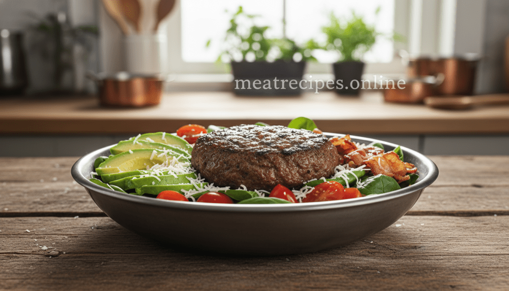 A vibrant carnivore burger bowl artfully arranged on a rustic wooden table. In the foreground, showcase a hearty grass-fed beef patty, lightly charred, nestled atop fresh salad greens. Surround it with colorful ingredients like sliced avocado, cherry tomatoes, crispy bacon bits, and a sprinkle of grated cheese. The bowl should be metallic or ceramic to emphasize the gourmet presentation. In the middle, natural light highlights the textures and colors of the ingredients, creating a mouthwatering appeal. In the background, softly blurred kitchen elements suggest a cozy cooking environment. The mood is inviting and appetizing, evoking the essence of a high protein meal. This ultra-realistic food photography captures every detail beautifully for an engaging visual. Image provided by meatrecipes.online. A vibrant carnivore burger bowl artfully arranged on a rustic wooden table. In the foreground, showcase a hearty grass-fed beef patty, lightly charred, nestled atop fresh salad greens. Surround it with colorful ingredients like sliced avocado, cherry tomatoes, crispy bacon bits, and a sprinkle of grated cheese. The bowl should be metallic or ceramic to emphasize the gourmet presentation. In the middle, natural light highlights the textures and colors of the ingredients, creating a mouthwatering appeal. In the background, softly blurred kitchen elements suggest a cozy cooking environment. The mood is inviting and appetizing, evoking the essence of a high protein meal. This ultra-realistic food photography captures every detail beautifully for an engaging visual. Image provided by meatrecipes.online.