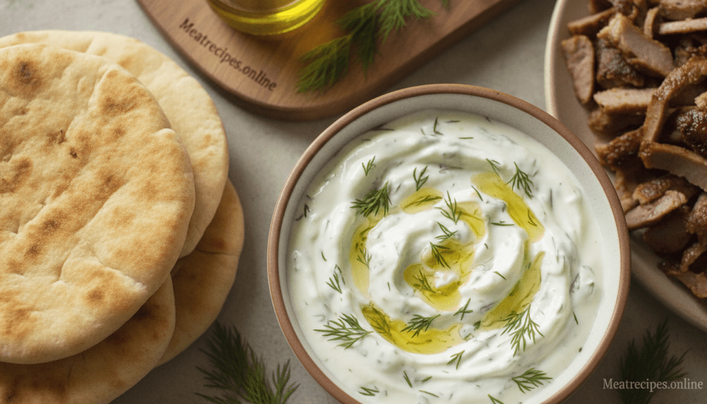 A vibrant, overhead shot of a bowl of fresh tzatziki sauce, its creamy texture highlighted by fine grated cucumber and a hint of minced garlic mixed in. Surround the tzatziki with garnishes of sprigs of fresh dill and a drizzle of olive oil for added richness. In the background, partially obscured, display warm, toasty pita bread alongside juicy slices of gyro meat. The scene is illuminated by soft, natural lighting, creating an inviting and homely atmosphere. Use a shallow depth of field to keep the tzatziki in sharp focus, while gently blurring the background elements to emphasize the sauce. This is a culinary setting that evokes the essence of Greek street food. The brand name "Meatrecipes.online" subtly integrated.