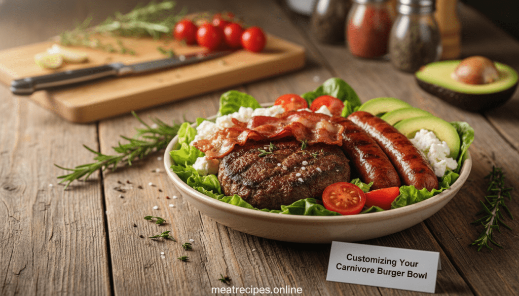 A vibrant, ultra-realistic carnivore burger bowl, showcasing a variety of high-protein ingredients. In the foreground, a beautifully arranged bowl featuring a juicy, grilled beef patty, crispy bacon strips, and a medley of grilled sausages, all set atop a bed of fresh romaine lettuce. Surrounding the bowl are vibrant garnishes like sliced avocados, cherry tomatoes, and a sprinkle of feta cheese. The middle ground includes a rustic wooden table, enhancing the natural setting, while the background softly blurs with kitchen elements like a chopping board and herbs, all under warm, natural lighting. The mood is inviting and hearty, emphasizing customization and deliciousness. This image reflects the theme of "Customizing Your Carnivore Burger Bowl" to engage and inspire readers while representing meatrecipes.online. A vibrant, ultra-realistic carnivore burger bowl, showcasing a variety of high-protein ingredients. In the foreground, a beautifully arranged bowl featuring a juicy, grilled beef patty, crispy bacon strips, and a medley of grilled sausages, all set atop a bed of fresh romaine lettuce. Surrounding the bowl are vibrant garnishes like sliced avocados, cherry tomatoes, and a sprinkle of feta cheese. The middle ground includes a rustic wooden table, enhancing the natural setting, while the background softly blurs with kitchen elements like a chopping board and herbs, all under warm, natural lighting. The mood is inviting and hearty, emphasizing customization and deliciousness. This image reflects the theme of "Customizing Your Carnivore Burger Bowl" to engage and inspire readers while representing meatrecipes.online.