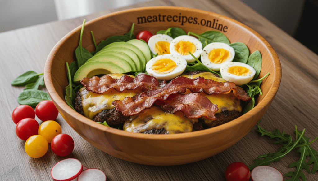 A vibrant, ultra-realistic image of a "Carnivore Burger Bowl" filled with juicy, thick beef patties, topped with melted cheddar cheese, and garnished with crispy bacon strips. The bowl also includes protein-rich elements like sliced hard-boiled eggs, fresh avocado, and a medley of greens like spinach and arugula. Surrounding the bowl, a selection of colorful cherry tomatoes and radishes add contrast. The setting is a rustic wooden table, illuminated by soft, natural lighting that emphasizes the textures of the food and creates a warm, inviting atmosphere. The image is shot from a slightly elevated angle, capturing the layers and details of the meal beautifully. The branding "meatrecipes.online" is subtly represented in the bowl's design, ensuring a cohesive presentation without text overlays. A vibrant, ultra-realistic image of a "Carnivore Burger Bowl" filled with juicy, thick beef patties, topped with melted cheddar cheese, and garnished with crispy bacon strips. The bowl also includes protein-rich elements like sliced hard-boiled eggs, fresh avocado, and a medley of greens like spinach and arugula. Surrounding the bowl, a selection of colorful cherry tomatoes and radishes add contrast. The setting is a rustic wooden table, illuminated by soft, natural lighting that emphasizes the textures of the food and creates a warm, inviting atmosphere. The image is shot from a slightly elevated angle, capturing the layers and details of the meal beautifully. The branding "meatrecipes.online" is subtly represented in the bowl's design, ensuring a cohesive presentation without text overlays.