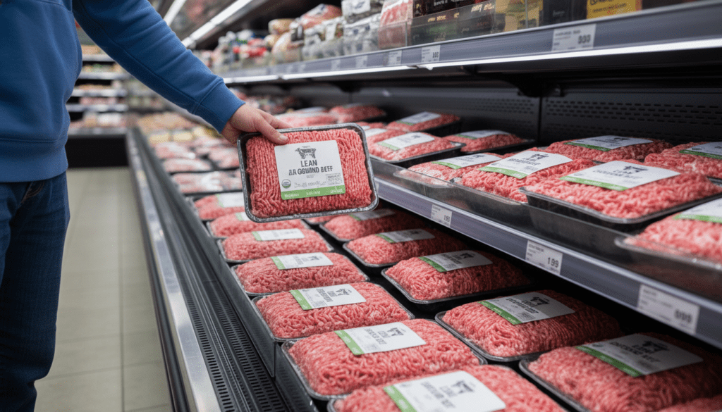 A well-organized grocery store meat section featuring an array of fresh ground beef options. In the foreground, a shopper, dressed in casual clothing, reaches for a neatly packaged tray of lean ground beef, showcasing clear labeling indicating its quality. The middle ground displays various ground beef selections, each with vibrant colors and textures, emphasizing their freshness—some packages labeled as grass-fed, organic, or lean. The background features cool, natural lighting highlighting the clean environment of the meat section. The overall atmosphere is inviting and informative, capturing the essence of selecting the best ground beef for meal prep. Ultra-realistic food photography with high detail, no text, no watermark, inspired by meatrecipes.online. A well-organized grocery store meat section featuring an array of fresh ground beef options. In the foreground, a shopper, dressed in casual clothing, reaches for a neatly packaged tray of lean ground beef, showcasing clear labeling indicating its quality. The middle ground displays various ground beef selections, each with vibrant colors and textures, emphasizing their freshness—some packages labeled as grass-fed, organic, or lean. The background features cool, natural lighting highlighting the clean environment of the meat section. The overall atmosphere is inviting and informative, capturing the essence of selecting the best ground beef for meal prep. Ultra-realistic food photography with high detail, no text, no watermark, inspired by meatrecipes.online.