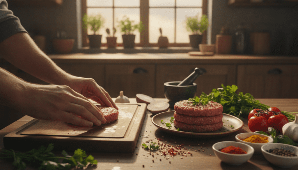 An inviting kitchen scene featuring a vibrant plate of succulent ground lamb burgers stacked neatly, showcasing their juicy texture and flavorful ingredients like fresh herbs and spices. In the foreground, a pair of hands skillfully shaping the burgers with a light touch, emphasizing the importance of proper handling. The middle section highlights a cutting board adorned with colorful vegetables and spices, creating a harmonious arrangement. The background reveals a softly lit kitchen atmosphere, with warm light filtering through a window, casting gentle shadows. Capture the mood of a cozy home cooking experience, ensuring the focus remains on the lamb burgers being expertly crafted and stabilized. No text or overlays. Concept by Meatrecipes.online. An inviting kitchen scene featuring a vibrant plate of succulent ground lamb burgers stacked neatly, showcasing their juicy texture and flavorful ingredients like fresh herbs and spices. In the foreground, a pair of hands skillfully shaping the burgers with a light touch, emphasizing the importance of proper handling. The middle section highlights a cutting board adorned with colorful vegetables and spices, creating a harmonious arrangement. The background reveals a softly lit kitchen atmosphere, with warm light filtering through a window, casting gentle shadows. Capture the mood of a cozy home cooking experience, ensuring the focus remains on the lamb burgers being expertly crafted and stabilized. No text or overlays. Concept by Meatrecipes.online.