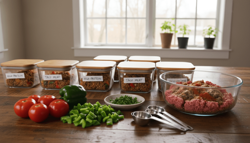 An organized meal prep workspace featuring a wooden table with an assortment of fresh ingredients for high-protein taco meat. In the foreground, bright red tomatoes, green bell peppers, and a bowl of seasoned ground meat are artfully arranged alongside measuring cups and spoons. The middle ground includes prepared meal containers, neatly labeled, showcasing the ready-to-eat taco meat. In the background, soft natural light streams through a window, creating a warm, inviting atmosphere. The scene captures a sense of efficiency and planning, perfect for timing and management in meal preparation. The overall composition should convey a clean, clutter-free environment, highlighting the theme of "Meal Prep Time Management Tips." Ultra-realistic food photography style, focusing on high detail with no text or watermarks. meatrecipes.online An organized meal prep workspace featuring a wooden table with an assortment of fresh ingredients for high-protein taco meat. In the foreground, bright red tomatoes, green bell peppers, and a bowl of seasoned ground meat are artfully arranged alongside measuring cups and spoons. The middle ground includes prepared meal containers, neatly labeled, showcasing the ready-to-eat taco meat. In the background, soft natural light streams through a window, creating a warm, inviting atmosphere. The scene captures a sense of efficiency and planning, perfect for timing and management in meal preparation. The overall composition should convey a clean, clutter-free environment, highlighting the theme of "Meal Prep Time Management Tips." Ultra-realistic food photography style, focusing on high detail with no text or watermarks. meatrecipes.online