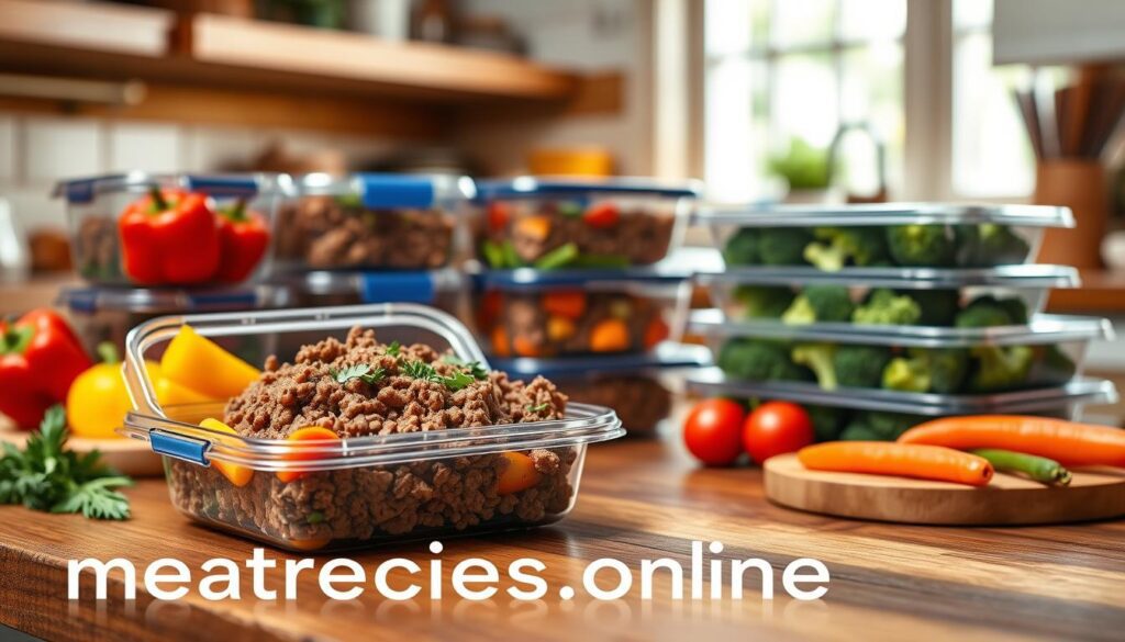 Ground beef meal prep for easy weeknight dinners, featuring neatly organized containers of beautifully seasoned ground beef alongside vibrant vegetables such as bell peppers and broccoli, all set on a rustic wooden countertop. In the foreground, highlight an open container with a deliciously cooked ground beef dish garnished with herbs. In the middle, stack additional meal prep containers ready to be stored in the refrigerator. The background shows a warm kitchen with soft, natural lighting coming from a window, casting a cozy glow. Capture the mood of healthy, vibrant cooking with a slightly shallow depth of field to emphasize the meal prep items. The scene embodies the essence of high protein meals for wholesome dinners, perfect for busy schedules. Include the brand name "meatrecipes.online" subtly reflected in the counter surface. Ground beef meal prep for easy weeknight dinners, featuring neatly organized containers of beautifully seasoned ground beef alongside vibrant vegetables such as bell peppers and broccoli, all set on a rustic wooden countertop. In the foreground, highlight an open container with a deliciously cooked ground beef dish garnished with herbs. In the middle, stack additional meal prep containers ready to be stored in the refrigerator. The background shows a warm kitchen with soft, natural lighting coming from a window, casting a cozy glow. Capture the mood of healthy, vibrant cooking with a slightly shallow depth of field to emphasize the meal prep items. The scene embodies the essence of high protein meals for wholesome dinners, perfect for busy schedules. Include the brand name "meatrecipes.online" subtly reflected in the counter surface.