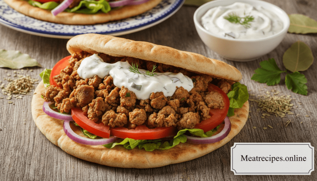 Ground lamb gyros on a warm pita bread, garnished with fresh vegetables like ripe tomatoes, crisp lettuce, and tangy red onions, drizzled with creamy tzatziki sauce. The foreground features a close-up of the overflowing gyro, highlighting the juicy, spiced lamb. In the middle ground, a small bowl of tzatziki and a sprig of parsley adds freshness to the scene. The background includes a rustic wooden table setting with a hint of Mediterranean decor, such as a decorative plate and some herbs. Soft, natural lighting illuminates the scene from the side, enhancing the textures of the meat and vibrant colors of the vegetables, conveying a warm and inviting atmosphere. Ideal for showcasing delicious home-cooked meals. Meatrecipes.online.