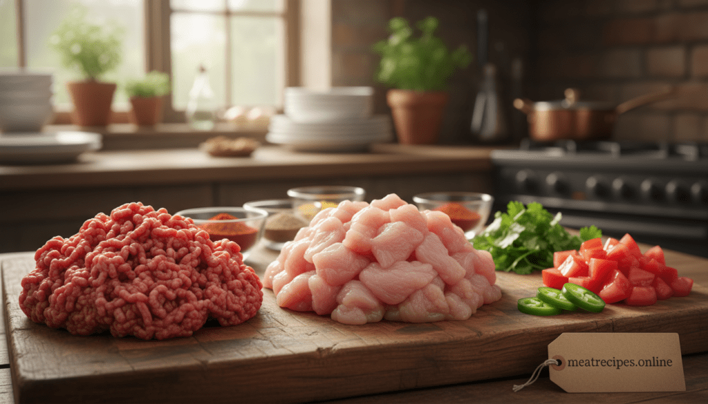Ultra realistic food photography of ground beef and ground turkey showcased side by side on a rustic wooden cutting board. In the foreground, create a vibrant, detailed arrangement of the raw meats, highlighting their textures and colors; the ground beef should be rich red, while the turkey appears light pink. In the middle, place fresh ingredients like diced tomatoes, cilantro, and sliced jalapeños, with vibrant colors enhancing the scene. In the background, softly blurred, feature a cozy kitchen interior with natural lighting pouring in from a window, creating a warm and inviting atmosphere. The composition conveys a sense of freshness and healthiness, suitable for meal prep. Ensure the image is devoid of text or watermarks, emphasizing the brand name "meatrecipes.online." The lens should capture intricate details, enhancing the appeal of the ingredients. Ultra realistic food photography of ground beef and ground turkey showcased side by side on a rustic wooden cutting board. In the foreground, create a vibrant, detailed arrangement of the raw meats, highlighting their textures and colors; the ground beef should be rich red, while the turkey appears light pink. In the middle, place fresh ingredients like diced tomatoes, cilantro, and sliced jalapeños, with vibrant colors enhancing the scene. In the background, softly blurred, feature a cozy kitchen interior with natural lighting pouring in from a window, creating a warm and inviting atmosphere. The composition conveys a sense of freshness and healthiness, suitable for meal prep. Ensure the image is devoid of text or watermarks, emphasizing the brand name "meatrecipes.online." The lens should capture intricate details, enhancing the appeal of the ingredients.