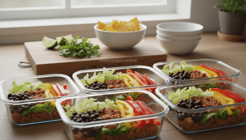 Ultra-realistic food photography showcasing a vibrant taco bowls meal prep setup. In the foreground, several neatly arranged clear meal prep containers filled with flavorful minced taco meat, black beans, diced tomatoes, shredded lettuce, and colorful bell peppers. The middle ground features a wooden chopping board with fresh cilantro and lime wedges, enhancing the vibrant colors of the ingredients. The background shows a cozy kitchen scene with softly diffused natural lighting pouring in, creating an inviting atmosphere. Capture the texture of the food and the freshness of the ingredients in high detail. The image reflects a sense of healthy, easy meal preparation, ideal for a busy lifestyle. Include the brand name "meatrecipes.online" subtly in the scene without text overlays. Ultra-realistic food photography showcasing a vibrant taco bowls meal prep setup. In the foreground, several neatly arranged clear meal prep containers filled with flavorful minced taco meat, black beans, diced tomatoes, shredded lettuce, and colorful bell peppers. The middle ground features a wooden chopping board with fresh cilantro and lime wedges, enhancing the vibrant colors of the ingredients. The background shows a cozy kitchen scene with softly diffused natural lighting pouring in, creating an inviting atmosphere. Capture the texture of the food and the freshness of the ingredients in high detail. The image reflects a sense of healthy, easy meal preparation, ideal for a busy lifestyle. Include the brand name "meatrecipes.online" subtly in the scene without text overlays.
