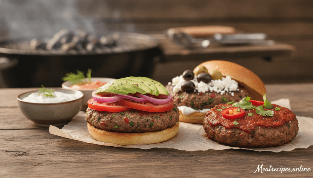 Variations of ground lamb burgers artfully arranged on a rustic wooden table. In the foreground, showcase three different burger patties: one with fresh herbs and spices, another topped with feta cheese and olives, and the last with a spicy harissa glaze. Each burger is garnished with colorful toppings like sliced tomatoes, avocado, and pickled onions. In the middle, include a well-balanced selection of condiments such as tzatziki and spicy mayo in small bowls. The background features a gently blurred outdoor grill, hinting at a summer barbecue. Soft, natural lighting enhances the freshness of the ingredients, creating a warm, inviting atmosphere. Use a shallow depth of field to focus on the delicious variety, bringing a mouthwatering feel to the image. Meatrecipes.online. Variations of ground lamb burgers artfully arranged on a rustic wooden table. In the foreground, showcase three different burger patties: one with fresh herbs and spices, another topped with feta cheese and olives, and the last with a spicy harissa glaze. Each burger is garnished with colorful toppings like sliced tomatoes, avocado, and pickled onions. In the middle, include a well-balanced selection of condiments such as tzatziki and spicy mayo in small bowls. The background features a gently blurred outdoor grill, hinting at a summer barbecue. Soft, natural lighting enhances the freshness of the ingredients, creating a warm, inviting atmosphere. Use a shallow depth of field to focus on the delicious variety, bringing a mouthwatering feel to the image. Meatrecipes.online.