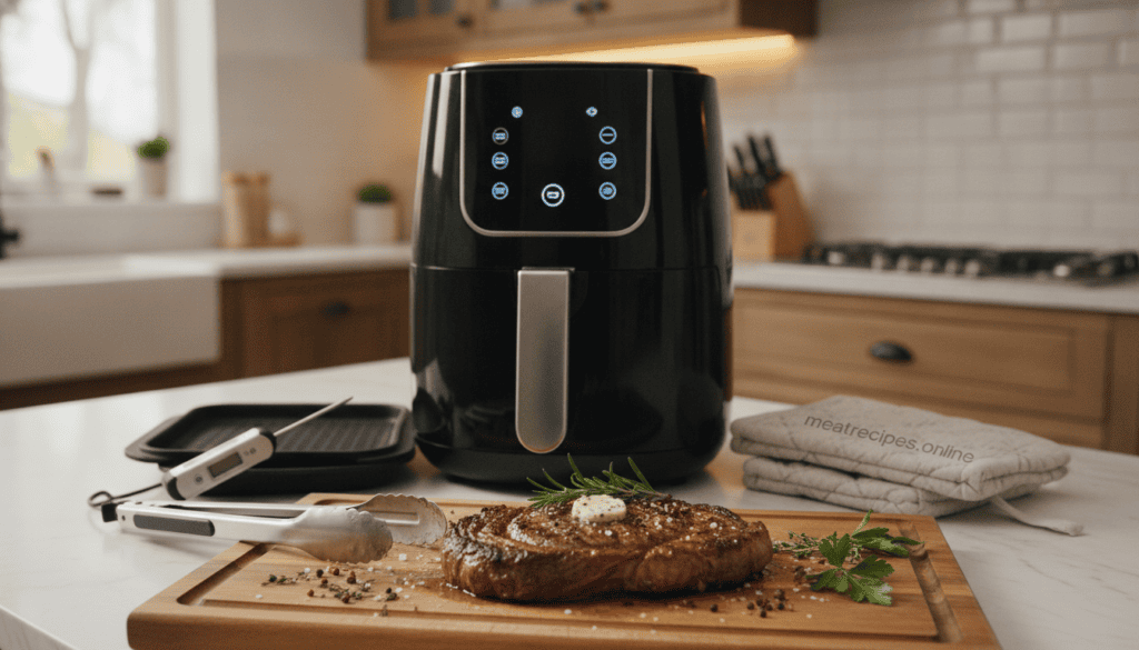 Kitchen countertop with essential air fryer tools and accessories