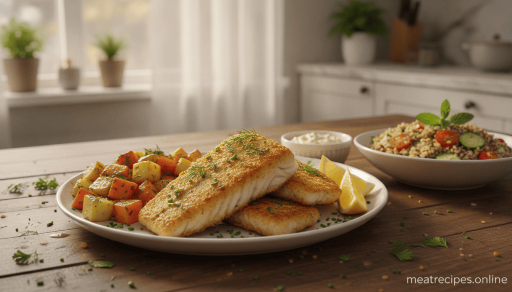 A beautifully arranged plate of air fryer-cooked fish fillets, golden brown and crispy, garnished with fresh herbs and lemon wedges, placed beside colorful side dishes such as roasted vegetables, quinoa salad, and a light tartar sauce. The foreground features the vibrant dish with a rustic wooden table surface, enhancing the home-cooked feel. In the middle, a softly blurred background showcases a bright kitchen with warm, natural lighting streaming in from a nearby window, creating an inviting atmosphere. The focus should be on the texture of the fish and the freshness of the side dishes, reflecting a healthy and satisfying meal. The overall mood is cheerful and appetizing, perfect for a culinary article. Include the watermark “meatrecipes.online” discreetly on the lower edge. A beautifully arranged plate of air fryer-cooked fish fillets, golden brown and crispy, garnished with fresh herbs and lemon wedges, placed beside colorful side dishes such as roasted vegetables, quinoa salad, and a light tartar sauce. The foreground features the vibrant dish with a rustic wooden table surface, enhancing the home-cooked feel. In the middle, a softly blurred background showcases a bright kitchen with warm, natural lighting streaming in from a nearby window, creating an inviting atmosphere. The focus should be on the texture of the fish and the freshness of the side dishes, reflecting a healthy and satisfying meal. The overall mood is cheerful and appetizing, perfect for a culinary article. Include the watermark “meatrecipes.online” discreetly on the lower edge.
