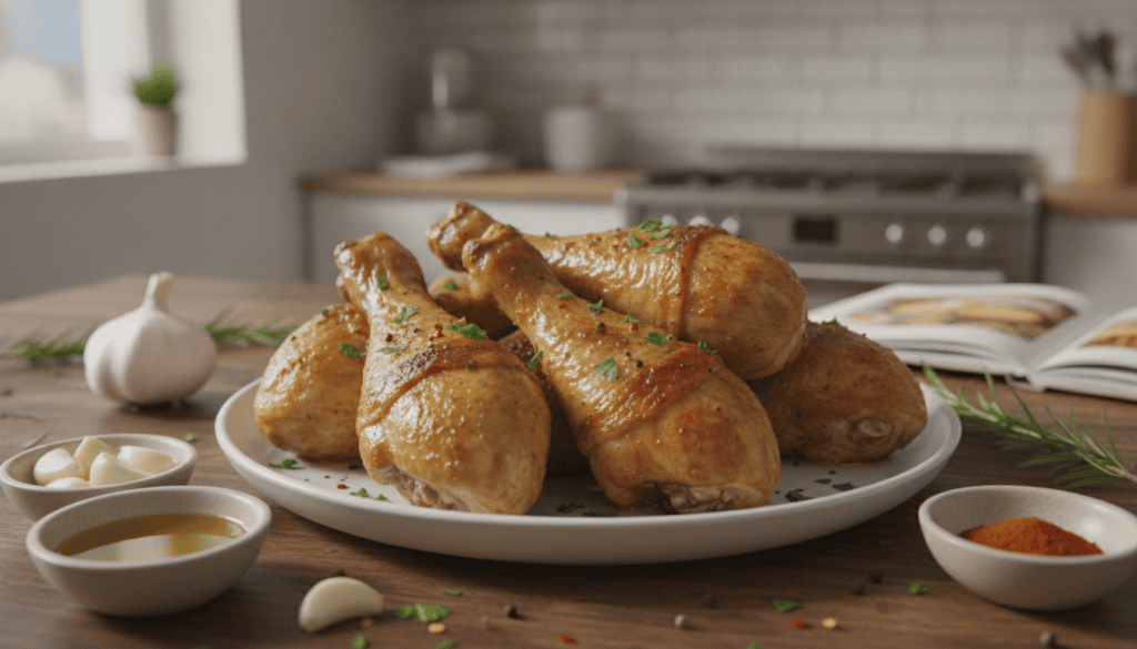 A beautifully arranged plate of crispy, juicy air fryer chicken legs, glistening with a mouthwatering golden-brown skin. Positioned front and center, the drumsticks are garnished with freshly chopped herbs, like parsley, and a dash of seasoning in vibrant colors. In the middle ground, complementing ingredients like a small bowl of olive oil, garlic cloves, and a sprinkle of paprika are artfully placed around the chicken. The background features a modern kitchen setting with soft, natural lighting pouring through a window, creating a warm and inviting atmosphere. The image captures a sense of culinary delight and simplicity, ideal for home cooks looking to create a delicious meal. No text or logos present. This image is to reflect the essence of an easy air fryer chicken legs recipe from meatrecipes.online. A beautifully arranged plate of crispy, juicy air fryer chicken legs, glistening with a mouthwatering golden-brown skin. Positioned front and center, the drumsticks are garnished with freshly chopped herbs, like parsley, and a dash of seasoning in vibrant colors. In the middle ground, complementing ingredients like a small bowl of olive oil, garlic cloves, and a sprinkle of paprika are artfully placed around the chicken. The background features a modern kitchen setting with soft, natural lighting pouring through a window, creating a warm and inviting atmosphere. The image captures a sense of culinary delight and simplicity, ideal for home cooks looking to create a delicious meal. No text or logos present. This image is to reflect the essence of an easy air fryer chicken legs recipe from meatrecipes.online.