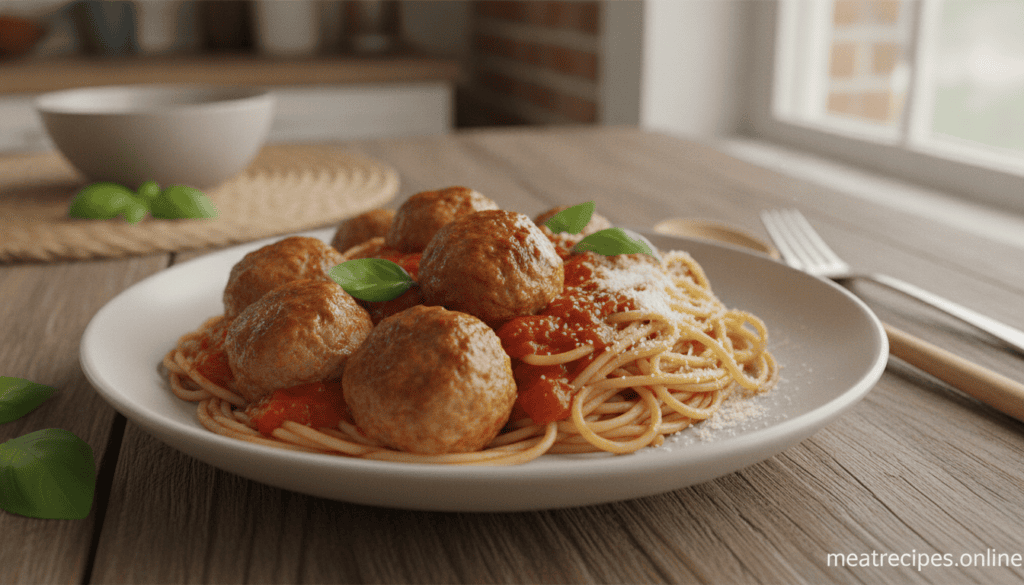 Plate of easy air fryer meatballs served with al dente spaghetti