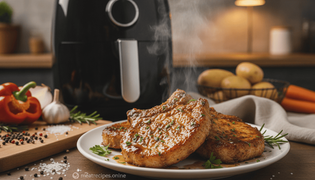 Plate of juicy air fryer pork chops