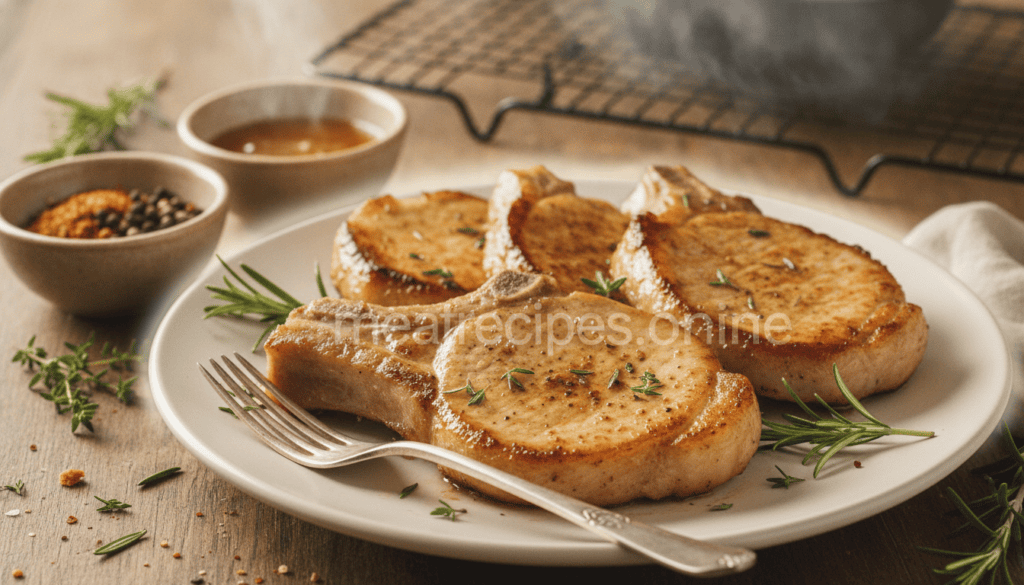 Plate of succulent air fryer pork chops