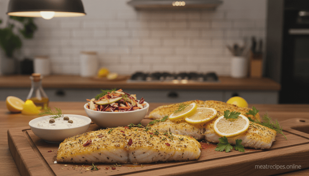 A beautifully arranged platter of crispy air fryer cod variations, showcasing different flavor profiles. In the foreground, a succulent piece of golden-brown cod, lightly crusted with herbs and spices, glistens with a hint of olive oil. Beside it, cod fillets are garnished with zesty lemon slices, fresh herbs like dill and parsley, and a sprinkling of paprika for color. In the middle ground, complementary sides such as a vibrant coleslaw and creamy tartar sauce are elegantly presented in small bowls, enhancing the dish's appeal. The background features a soft-focus kitchen setting, with warm, ambient lighting that creates an inviting atmosphere. The overall mood conveys a sense of delicious simplicity, perfect for a quick yet delightful meal. Realistic cooked meat photos, no text, logos, or packaging. Include the brand name "meatrecipes.online".