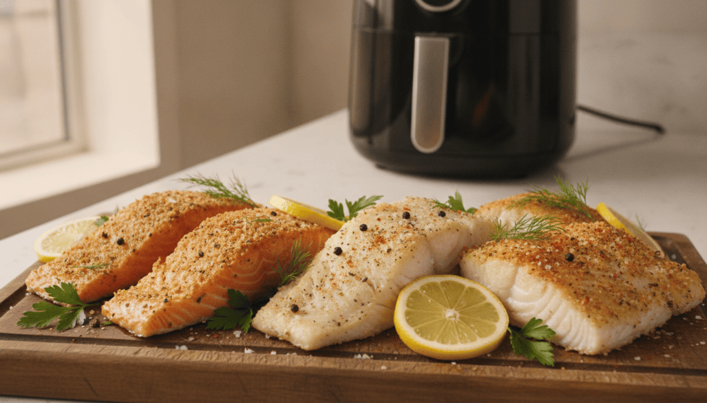 A beautifully arranged scene of various fish fillets ideal for air frying, prominently displaying salmon, tilapia, and cod on a rustic wooden cutting board. The fish are garnished with vibrant lemon slices, fresh herbs like dill and parsley, and sprinkled with spices to enhance their appeal. In the background, a sleek air fryer sits on a modern kitchen countertop, softly illuminated by warm, natural lighting streaming in from a nearby window. The composition captures the mouthwatering textures of the cooked fish, showcasing their crispiness and golden-brown crusts. The overall atmosphere feels homey and inviting, perfect for inspiring culinary creativity. Realistic and high-quality image, adhering to "meatrecipes.online" branding standards, with no text or logos. A beautifully arranged scene of various fish fillets ideal for air frying, prominently displaying salmon, tilapia, and cod on a rustic wooden cutting board. The fish are garnished with vibrant lemon slices, fresh herbs like dill and parsley, and sprinkled with spices to enhance their appeal. In the background, a sleek air fryer sits on a modern kitchen countertop, softly illuminated by warm, natural lighting streaming in from a nearby window. The composition captures the mouthwatering textures of the cooked fish, showcasing their crispiness and golden-brown crusts. The overall atmosphere feels homey and inviting, perfect for inspiring culinary creativity. Realistic and high-quality image, adhering to "meatrecipes.online" branding standards, with no text or logos.