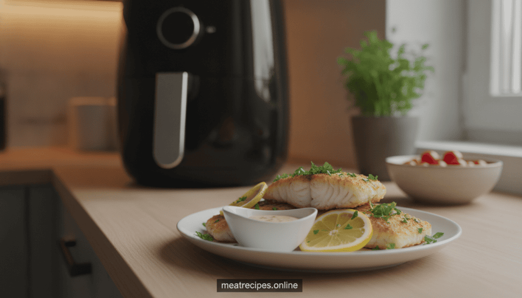 A beautifully plated dish of crispy air fryer cod fillets is the focus, showcasing the perfectly golden-brown exterior with a slightly flaky texture. In the foreground, the fish is garnished with fresh parsley and slices of lemon, adding a pop of color. In the middle ground, a stylish air fryer sits on a kitchen countertop, hinting at its modern design. The background features a cozy, well-lit kitchen setting with soft, warm lighting that creates an inviting atmosphere. The image captures the delicious appeal of the cod, inviting viewers to explore the ease of preparing this dish, aligning with the theme of quick and simple cooking. The composition is shot at an eye-level angle, emphasizing the textures and details of the meal, with a shallow depth of field to keep the focus on the cod. meatrecipes.online