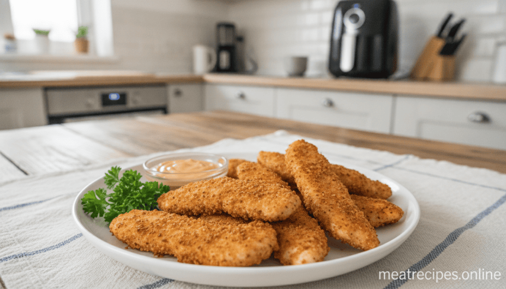 Plate of golden, crispy air fryer chicken strips