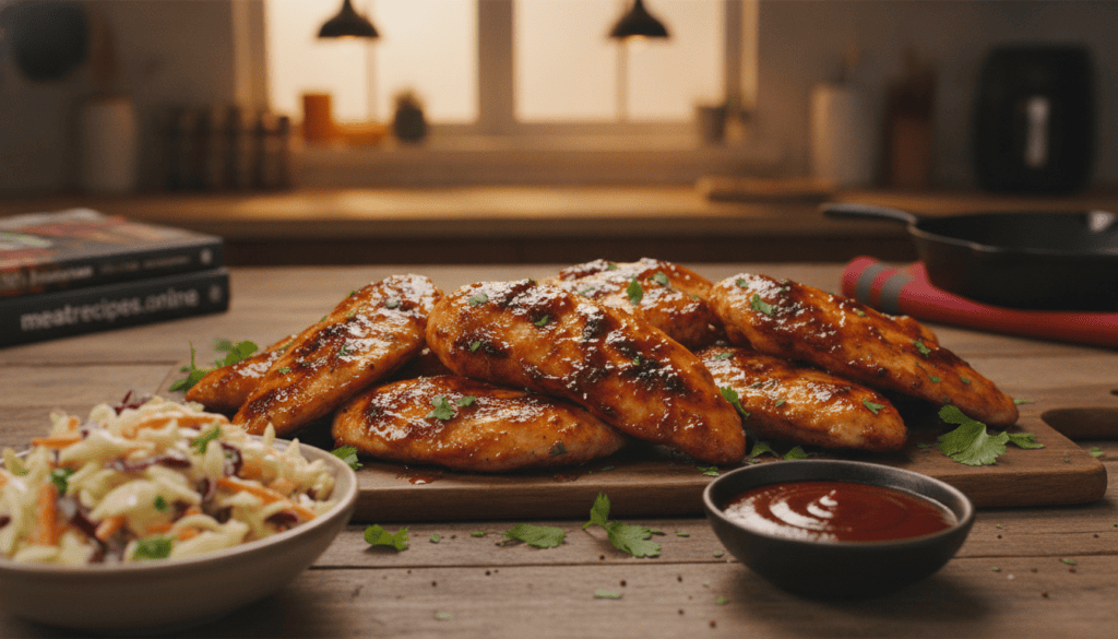 Air fryer chicken tenderloins with a glossy BBQ glaze