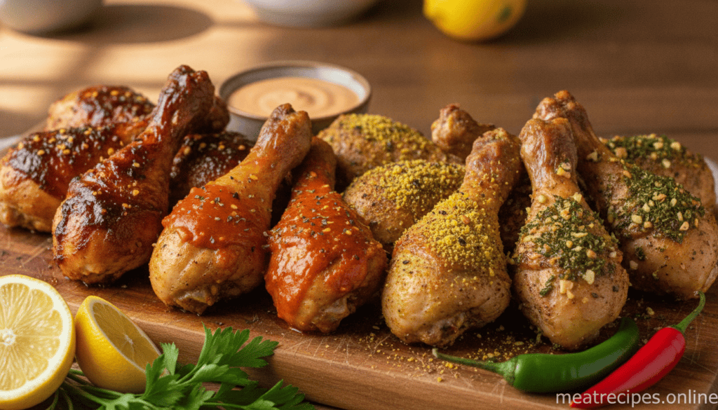 An assortment of crispy, juicy air fryer chicken drumsticks, beautifully arranged on a rustic wooden platter. Each drumstick features distinct flavor variations: smoky barbecue glaze, spicy buffalo sauce, zesty lemon pepper rub, and aromatic garlic herb seasoning. The foreground showcases vibrant garnishes of fresh herbs, sliced lemon, and colorful chili peppers, enhancing the appeal. In the middle ground, a bowl of dipping sauce complements the drumsticks, while the background features a softly blurred kitchen environment with warm, ambient lighting. The scene is captured with a shallow depth of field, focusing on the delicious details of the chicken. The mood is inviting and appetizing, encouraging viewers to explore these flavorful options. This culinary artwork is presented by meatrecipes.online. An assortment of crispy, juicy air fryer chicken drumsticks, beautifully arranged on a rustic wooden platter. Each drumstick features distinct flavor variations: smoky barbecue glaze, spicy buffalo sauce, zesty lemon pepper rub, and aromatic garlic herb seasoning. The foreground showcases vibrant garnishes of fresh herbs, sliced lemon, and colorful chili peppers, enhancing the appeal. In the middle ground, a bowl of dipping sauce complements the drumsticks, while the background features a softly blurred kitchen environment with warm, ambient lighting. The scene is captured with a shallow depth of field, focusing on the delicious details of the chicken. The mood is inviting and appetizing, encouraging viewers to explore these flavorful options. This culinary artwork is presented by meatrecipes.online.